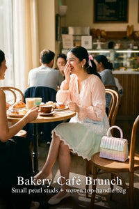 Pretty Pixie pastel peach lace-trim tiered mini dress for bakery cafe brunch.