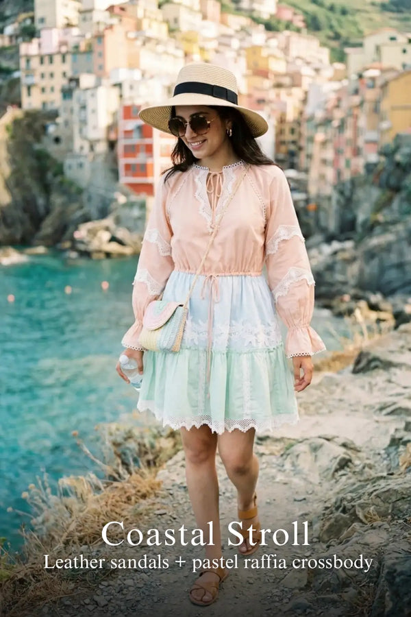 Pastel Peach Lace-Trim Tiered Mini Dress — view 4