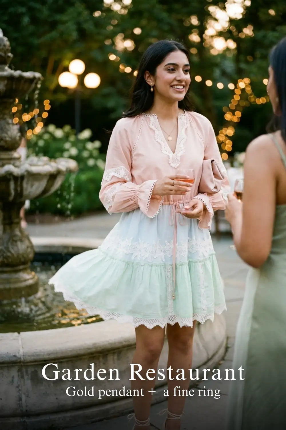 Pretty Pixie pastel peach lace-trim tiered mini dress for garden restaurant.