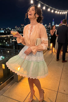 Pastel Peach Lace-Trim Tiered Mini Dress