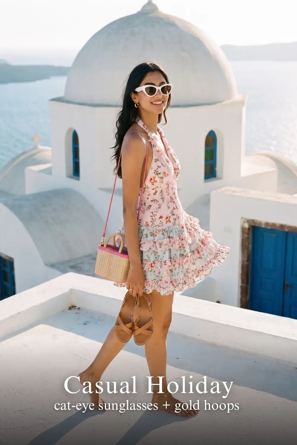 Pretty Pixie pastel pink floral halter mini dress for casual holiday.