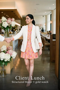 Pretty Pixie peach blossom floral belted long-sleeve mini dress styled for a client lunch