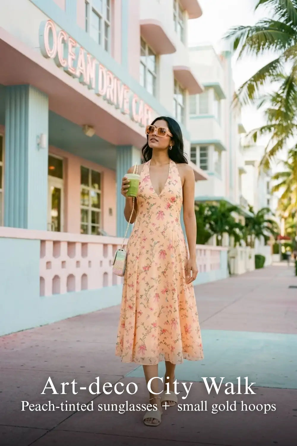 Pretty Pixie peach floral bow print halter v-neck dress for art deco city walk.