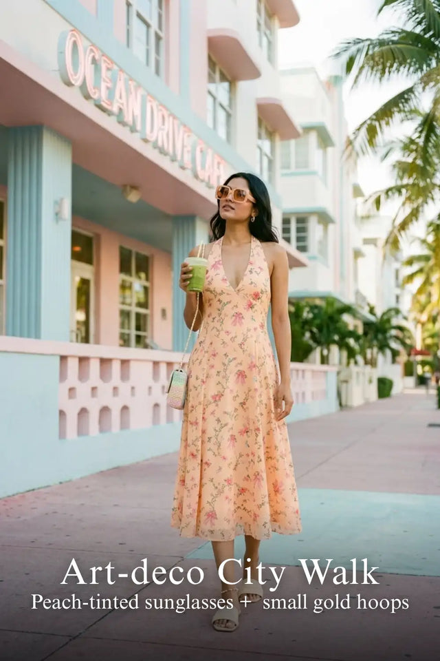Peach Floral Bow Print Halter V-Neck Midi Dress — verified customer review photo