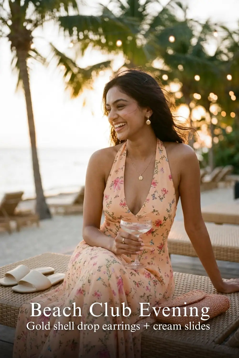 Pretty Pixie peach floral bow print halter v-neck dress for beach club evening.