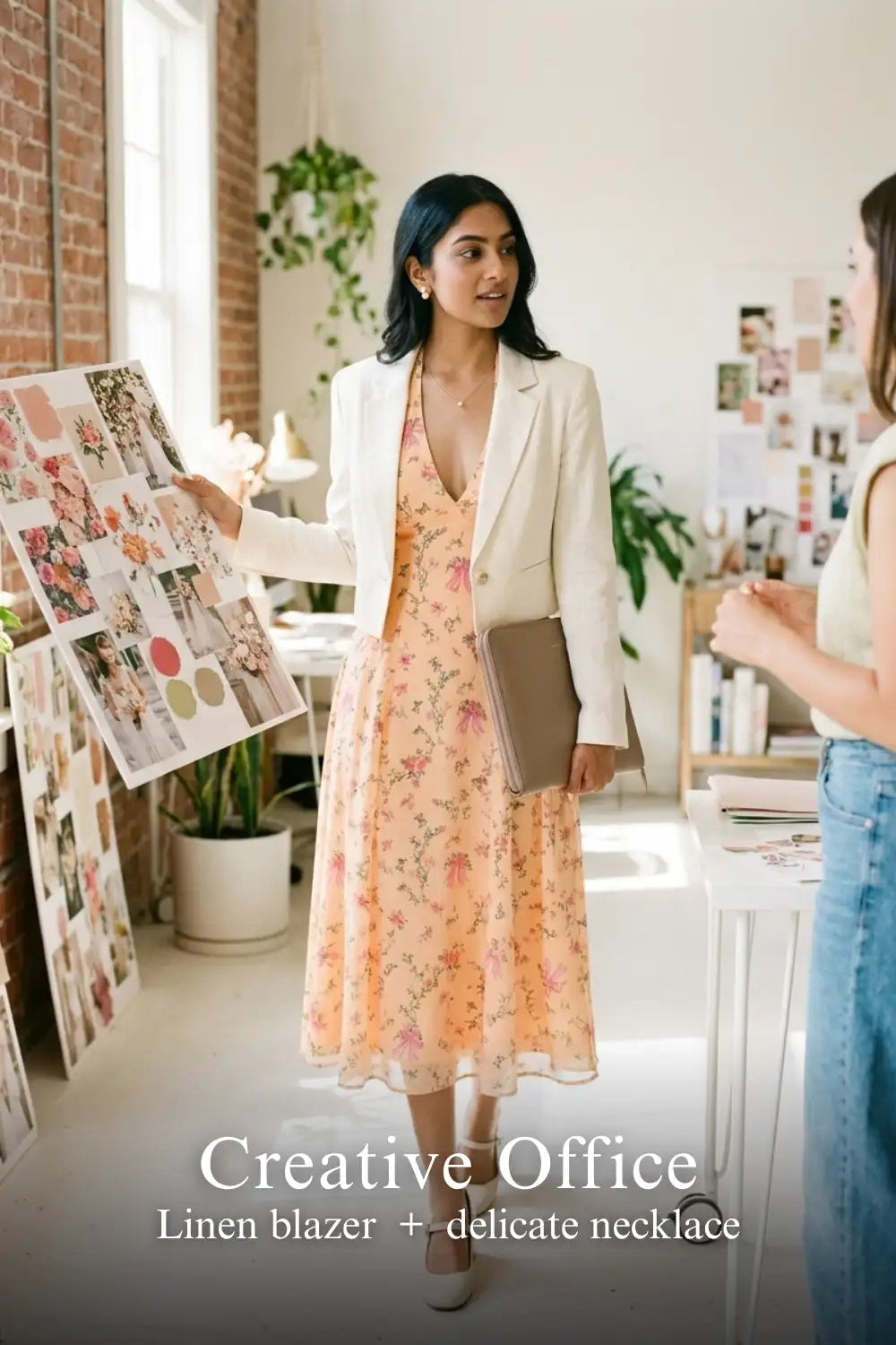 Pretty Pixie peach floral bow print halter v-neck dress for creative office.