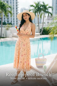 Pretty Pixie peach floral bow print halter v-neck dress for rooftop pool brunch.