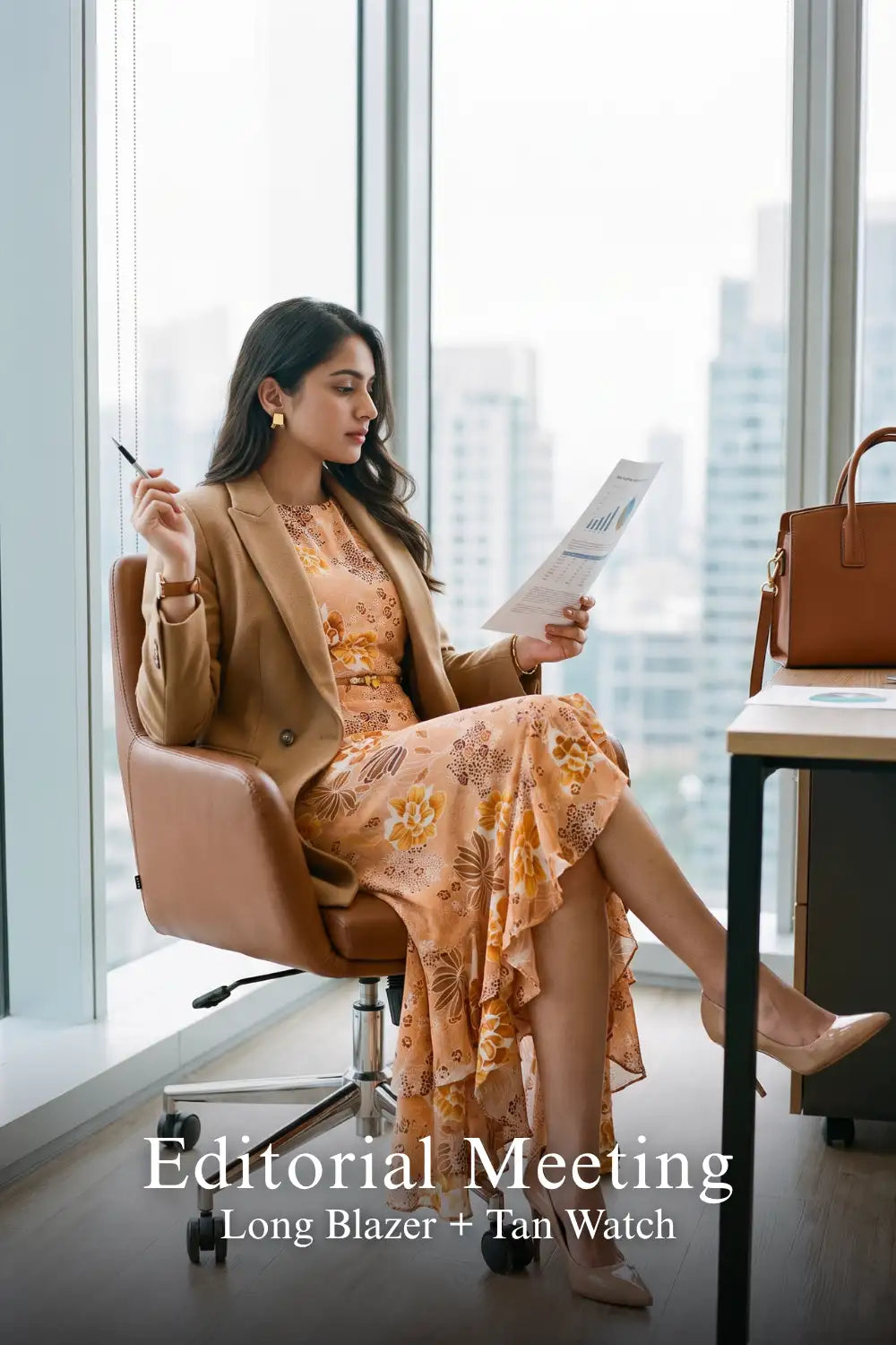 Pretty Pixie peach floral ruffle maxi dress for editorial meeting.