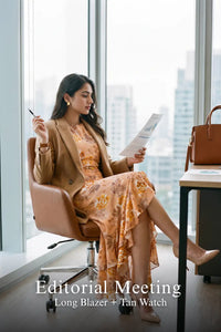 Pretty Pixie peach floral ruffle maxi dress for editorial meeting.