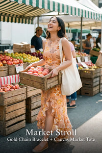 Pretty Pixie peach floral ruffle maxi dress for market stroll.