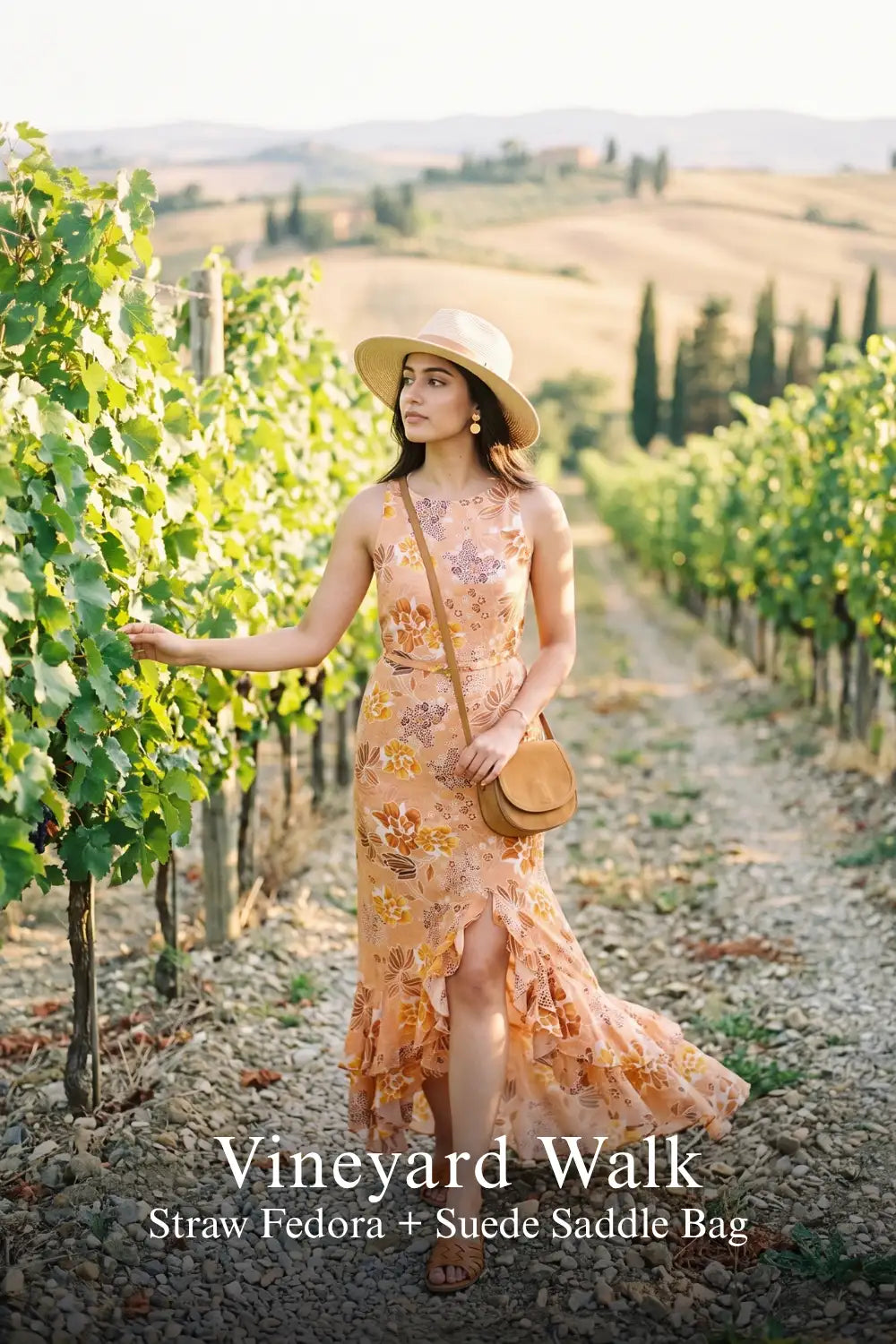 Pretty Pixie peach floral ruffle maxi dress for vineyard walk.