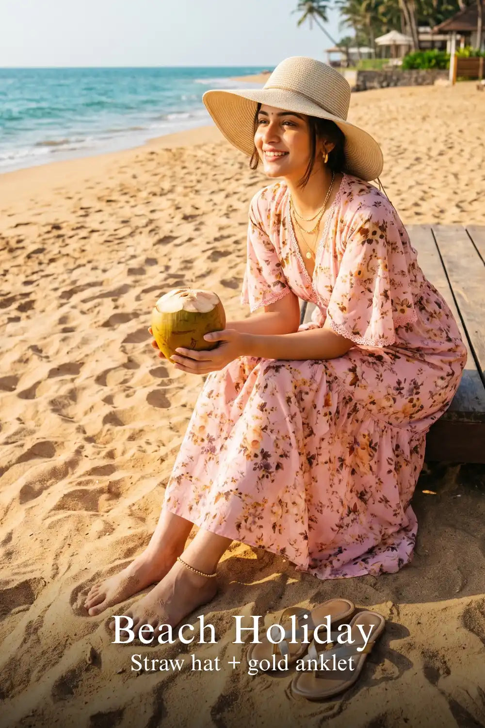 Woman in Pretty Pixie peach floral ruffle maxi dress styled for a beach holiday 2