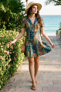 Woman walking a coastal garden path wearing Pretty Pixie's peacock jacquard mini dress with collared neck
