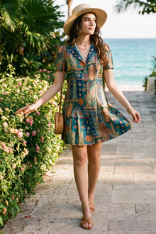 Peacock Jacquard Mini Dress with Collared Neck