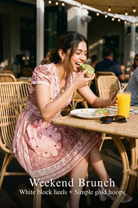 Woman in Pretty Pixie pink bandana v-neck belted mini dress styled for a weekend brunch