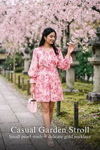 Woman in Pretty Pixie pink floral bow-neck bishop-sleeve ruffle mini dress styled for a casual garden stroll