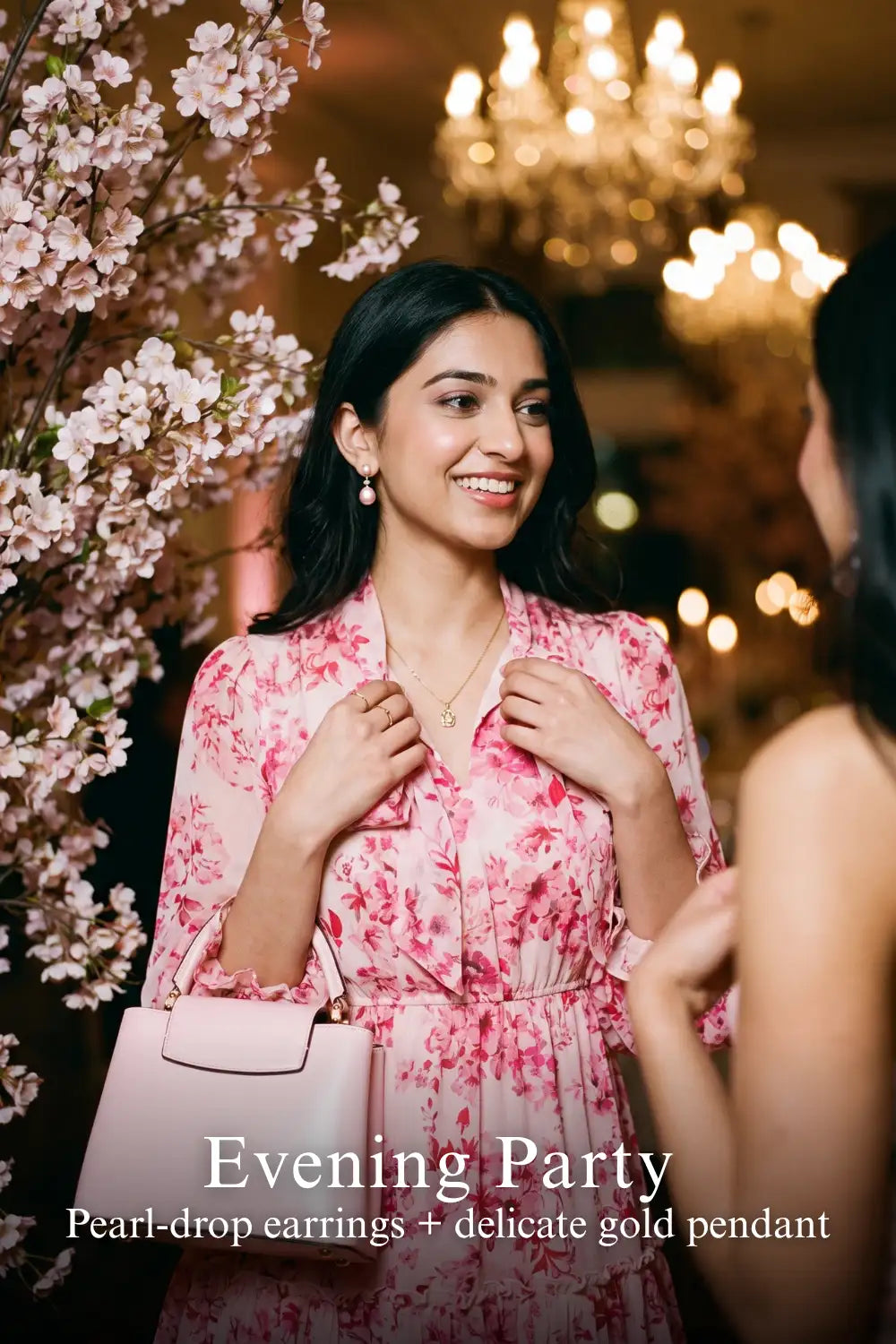 Woman in Pretty Pixie pink floral bow-neck bishop-sleeve ruffle mini dress styled for an evening party