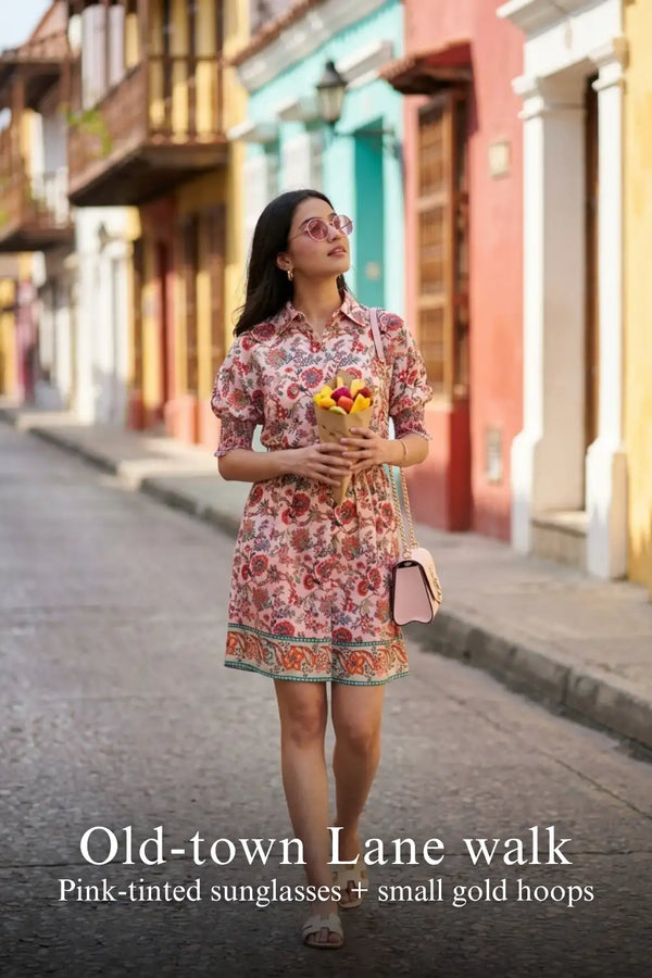 Pink Floral Puff-Sleeve Belted Mini Dress — view 4