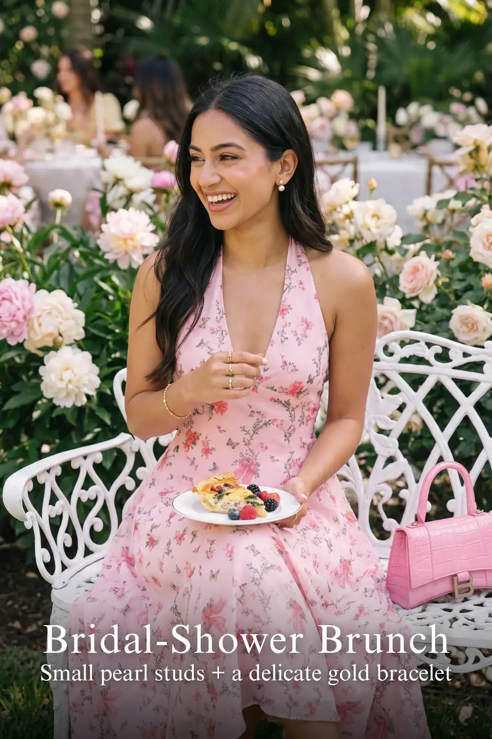Pretty Pixie pink floral bow print halter v-neck dress for bridal shower brunch.