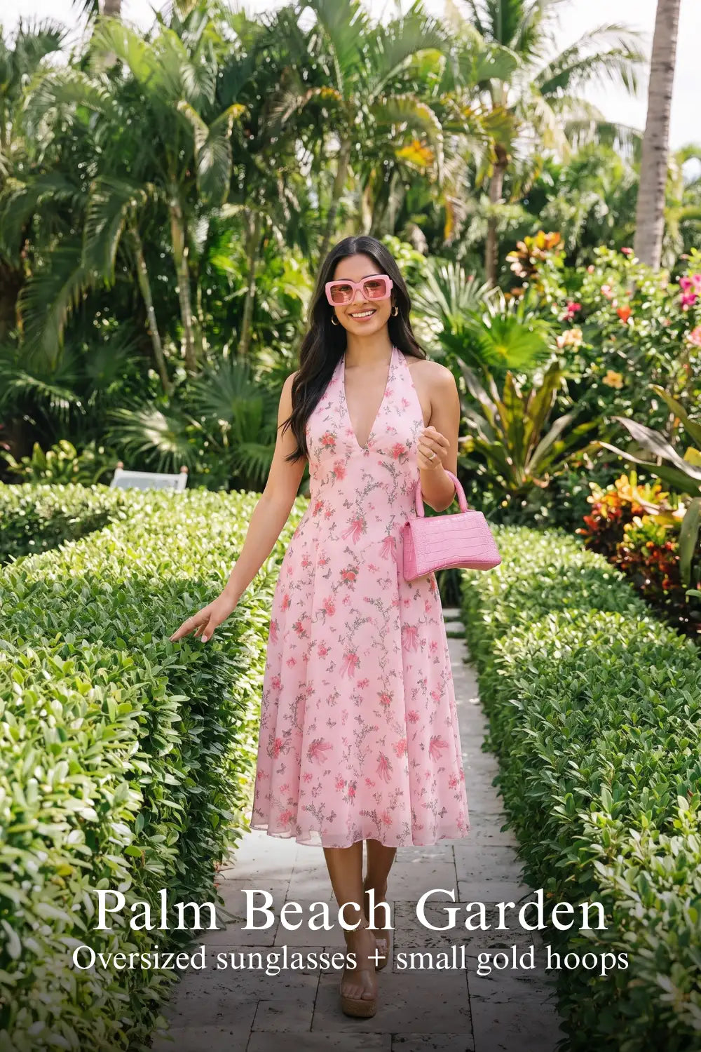 Pretty Pixie pink floral bow print halter v-neck dress for palm beach garden.