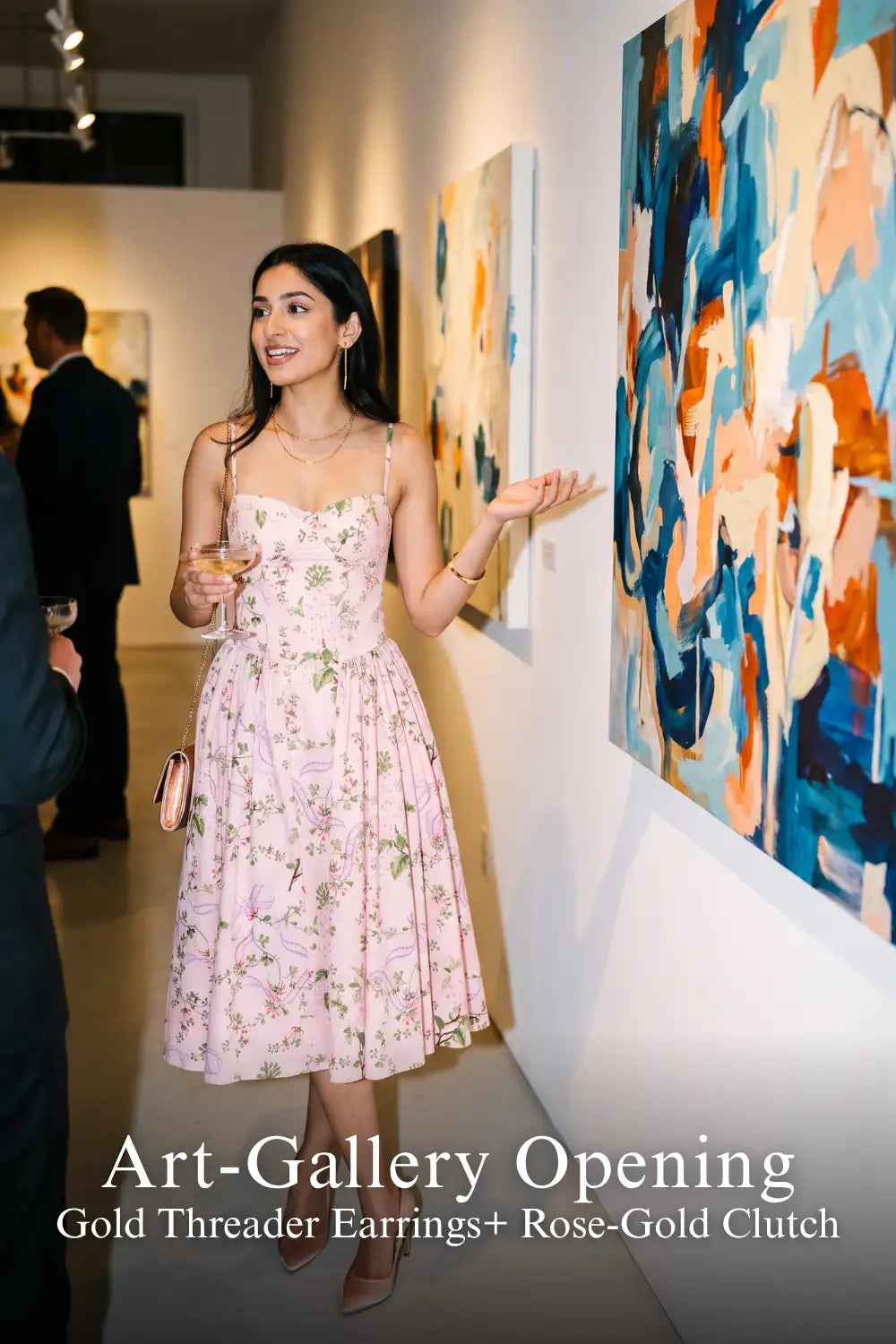 Pretty Pixie pink floral bustier strap cotton dress for art gallery opening.