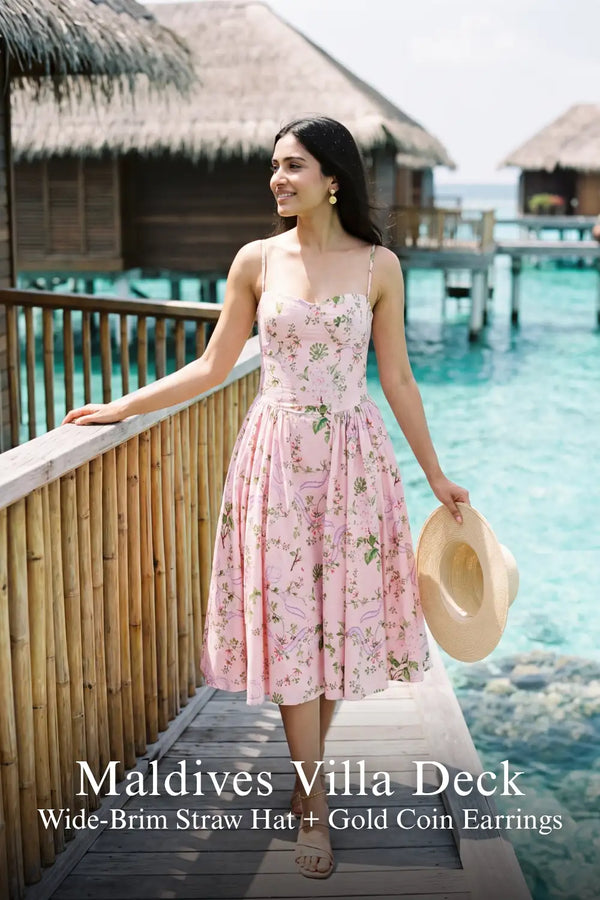Pink Floral Bustier Strap Cotton Midi Dress — view 3