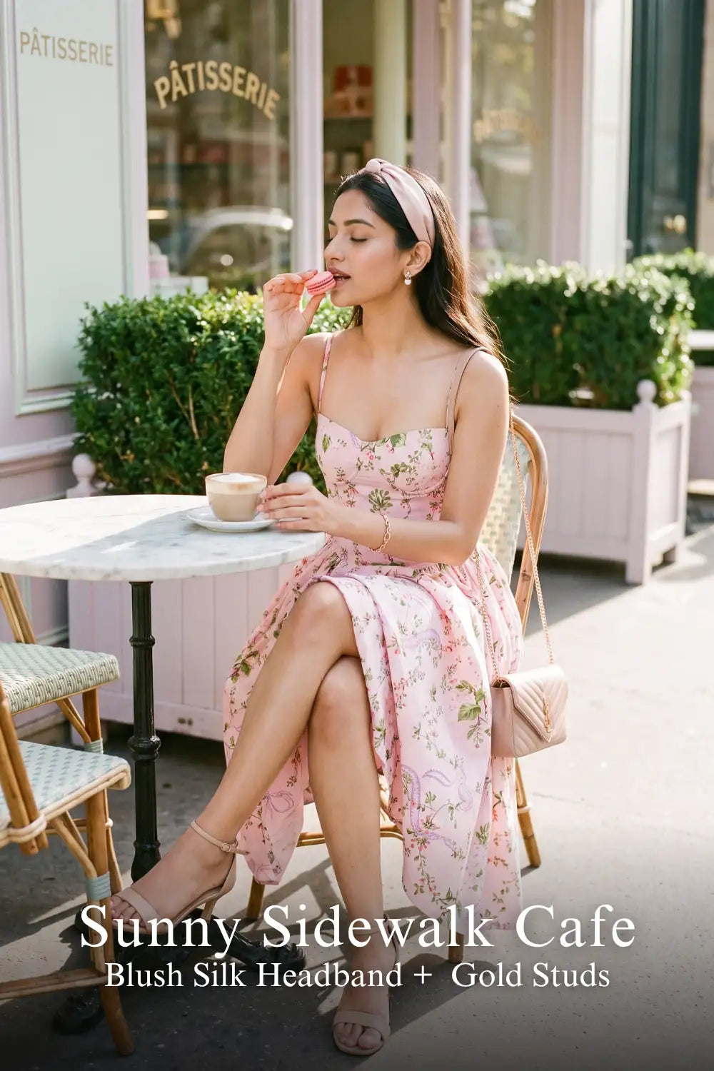 Pretty Pixie pink floral bustier strap cotton dress for sunny sidewalk cafe.