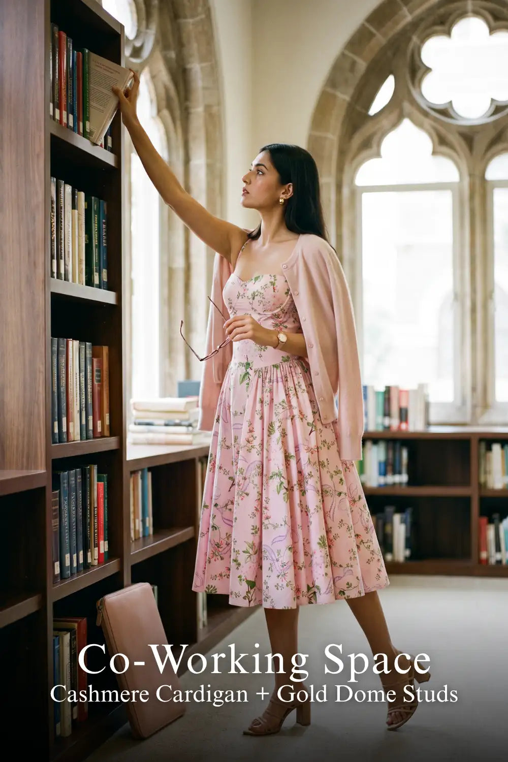 Pretty Pixie pink floral bustier strap cotton midi dress for co working space.