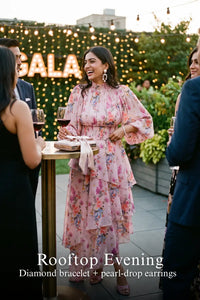Pretty Pixie blush pink floral chiffon maxi dress for rooftop evening.