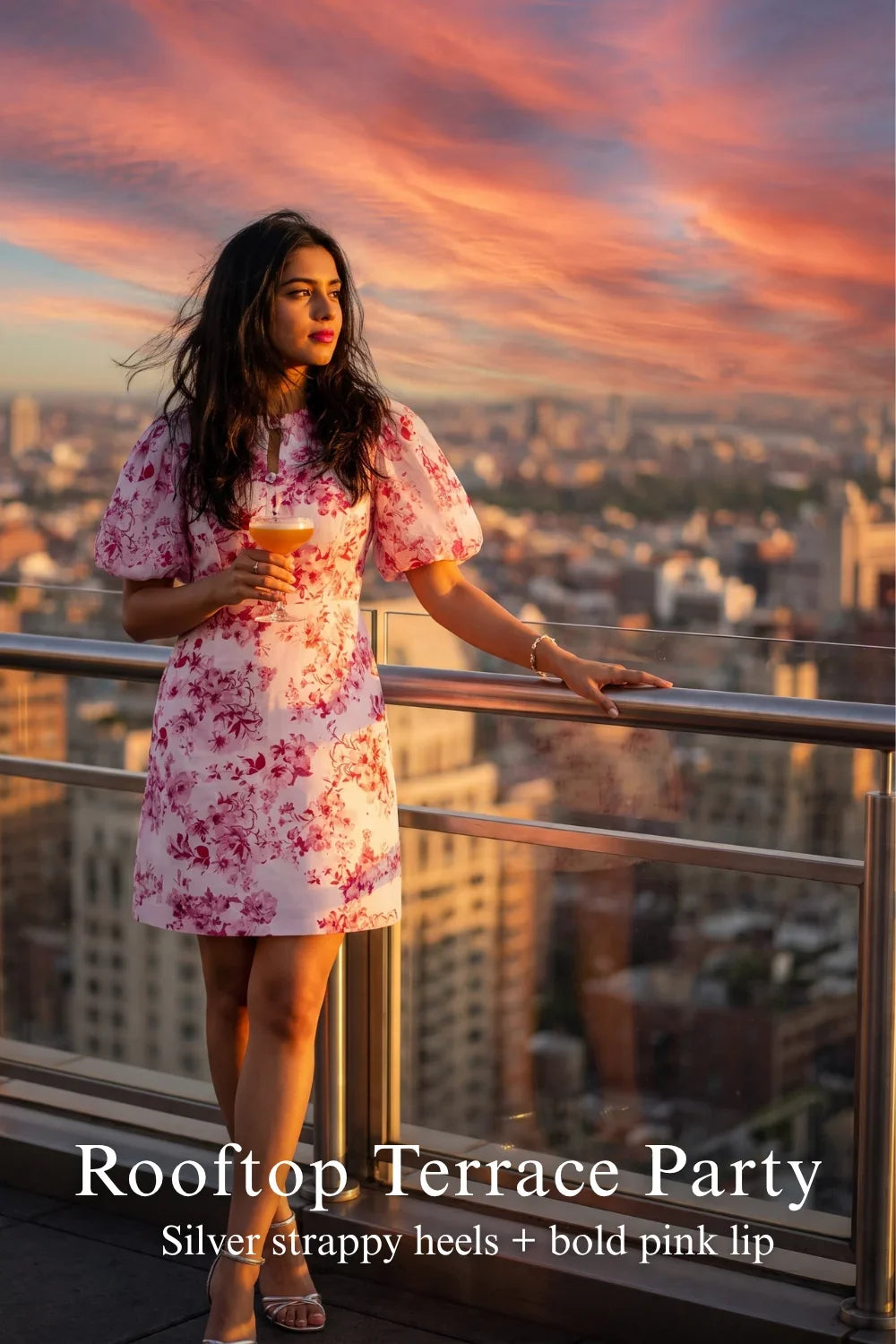 Pretty Pixie pink floral keyhole mini dress for rooftop terrace party.