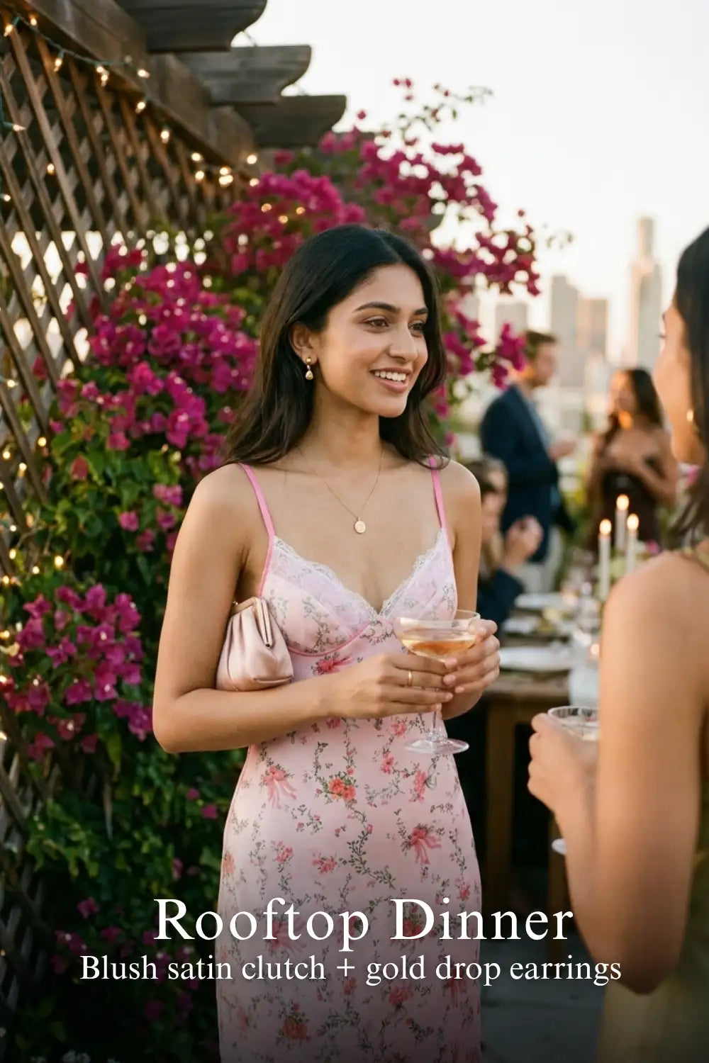 Pretty Pixie blush floral bow print lace bustier slip dress for rooftop dinner.