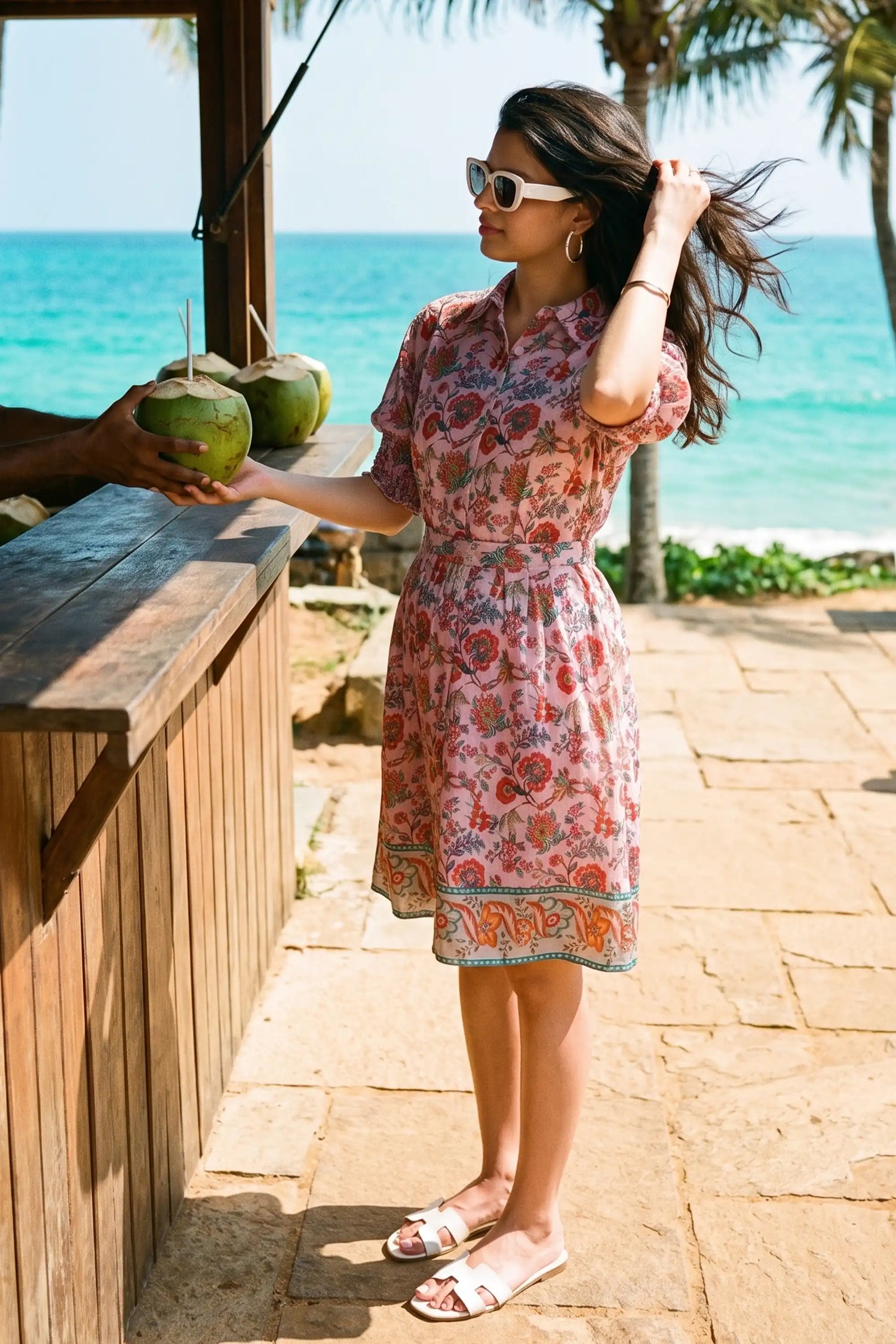 Woman relaxing at a beachside bar wearing Pretty Pixie's pink floral puff-sleeve belted mini dress
