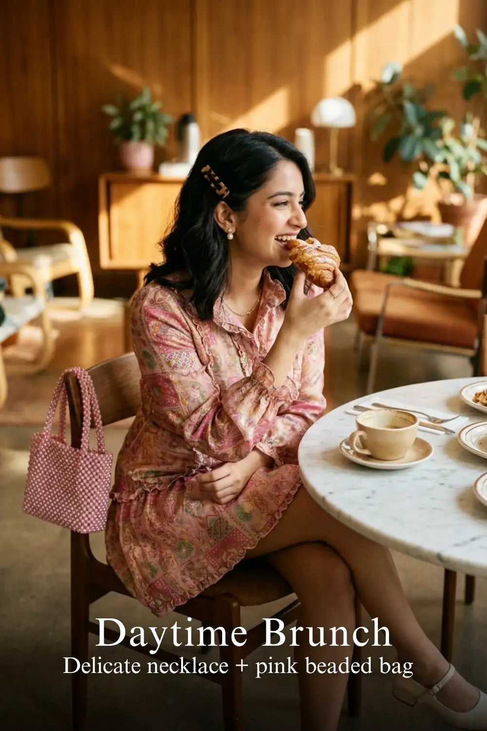 Pretty Pixie pink floral jacquard ruffle belted mini dress for daytime brunch.
