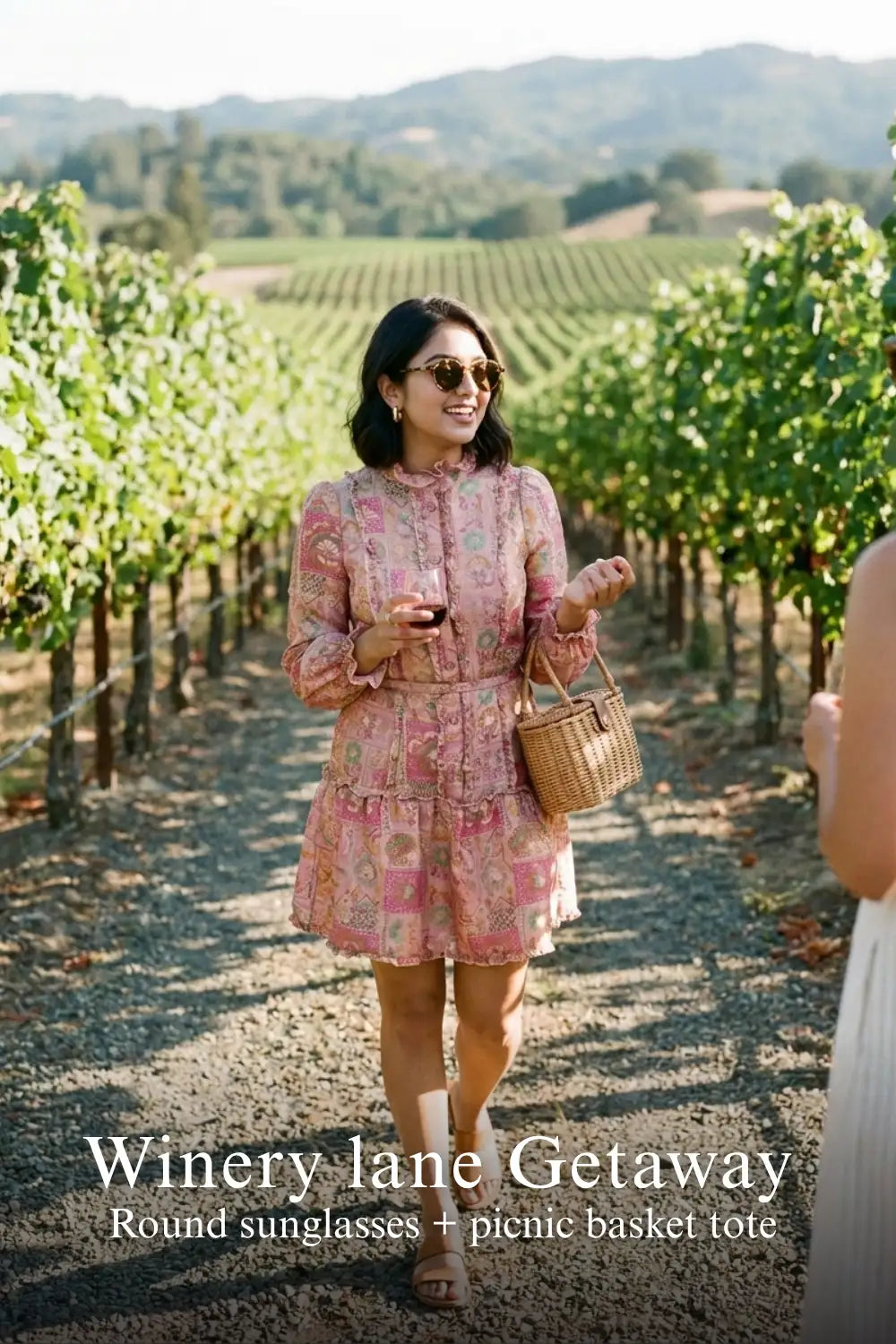 Pretty Pixie pink floral jacquard ruffle belted dress for winery lane getaway.