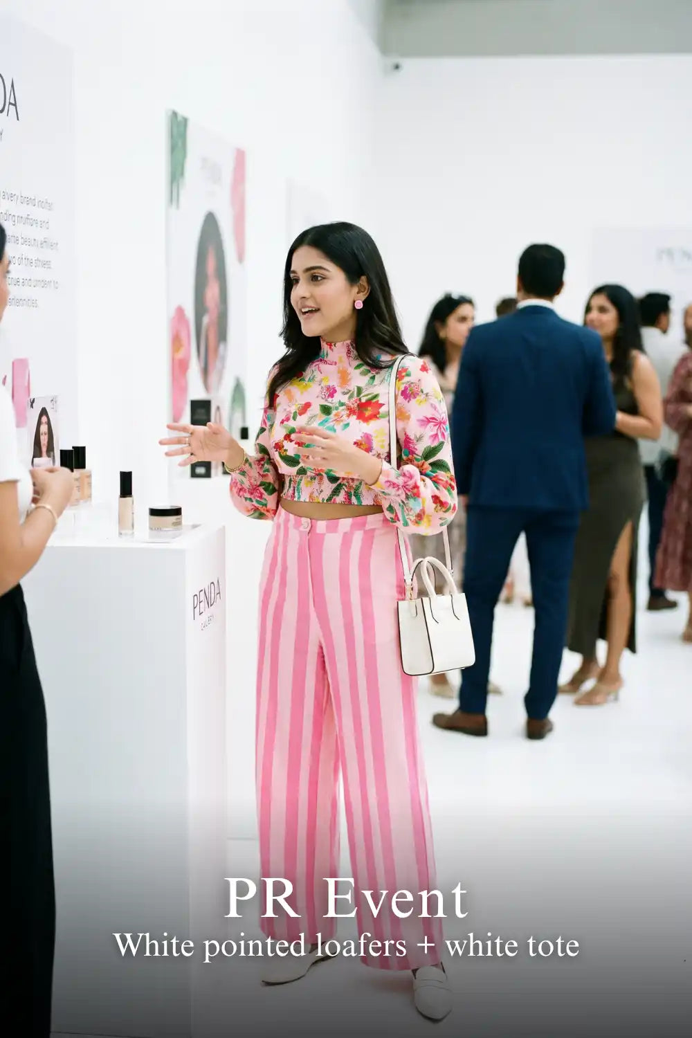 Woman in Pretty Pixie pink floral crop top & striped pants co-ord set styled for a pr event