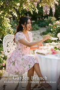 Pretty Pixie pink floral tie-neck cap-sleeve mini dress for outdoor brunch.