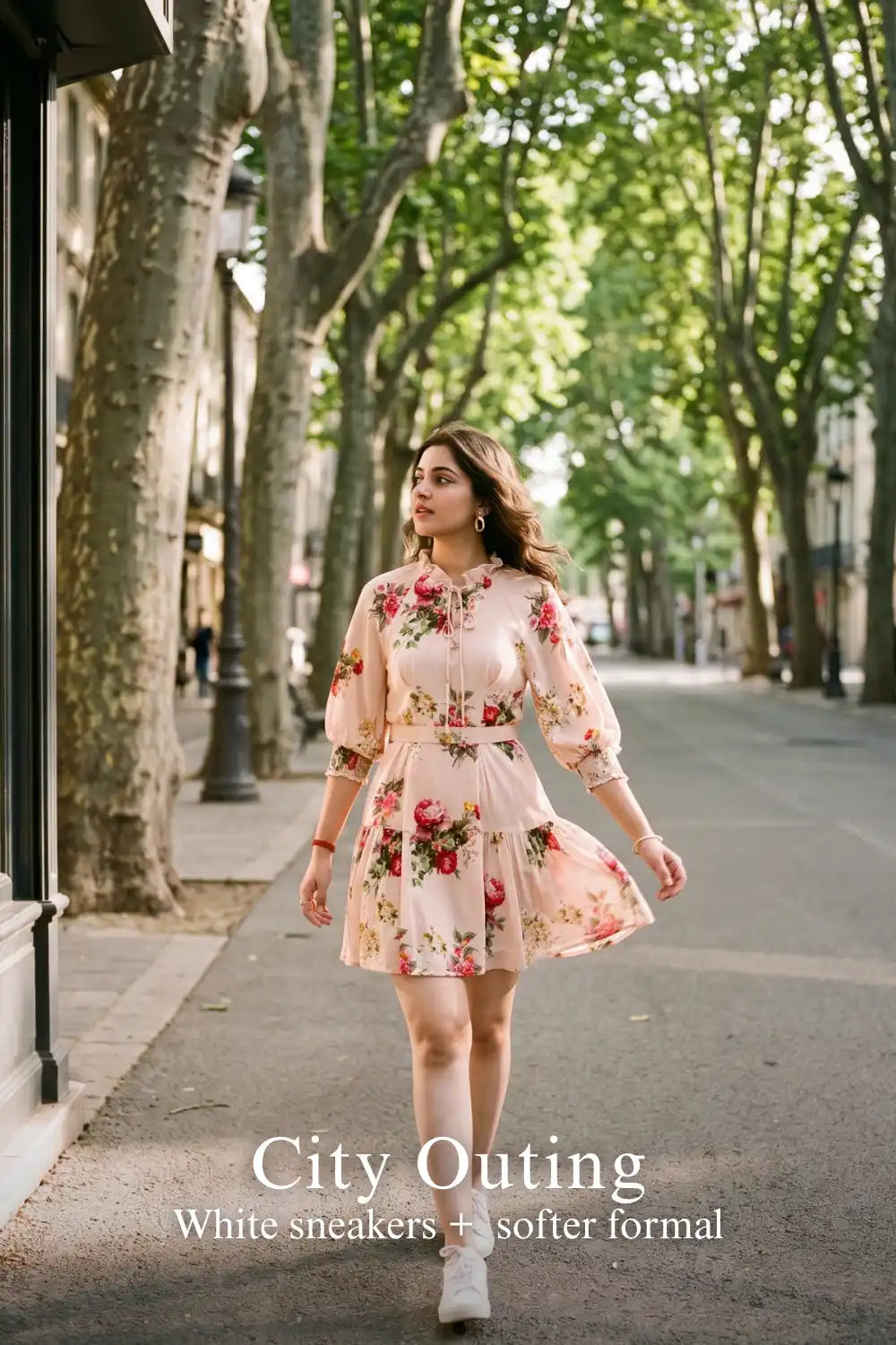 Woman in Pretty Pixie blush floral belted puff-sleeve mini dress styled for a city outing