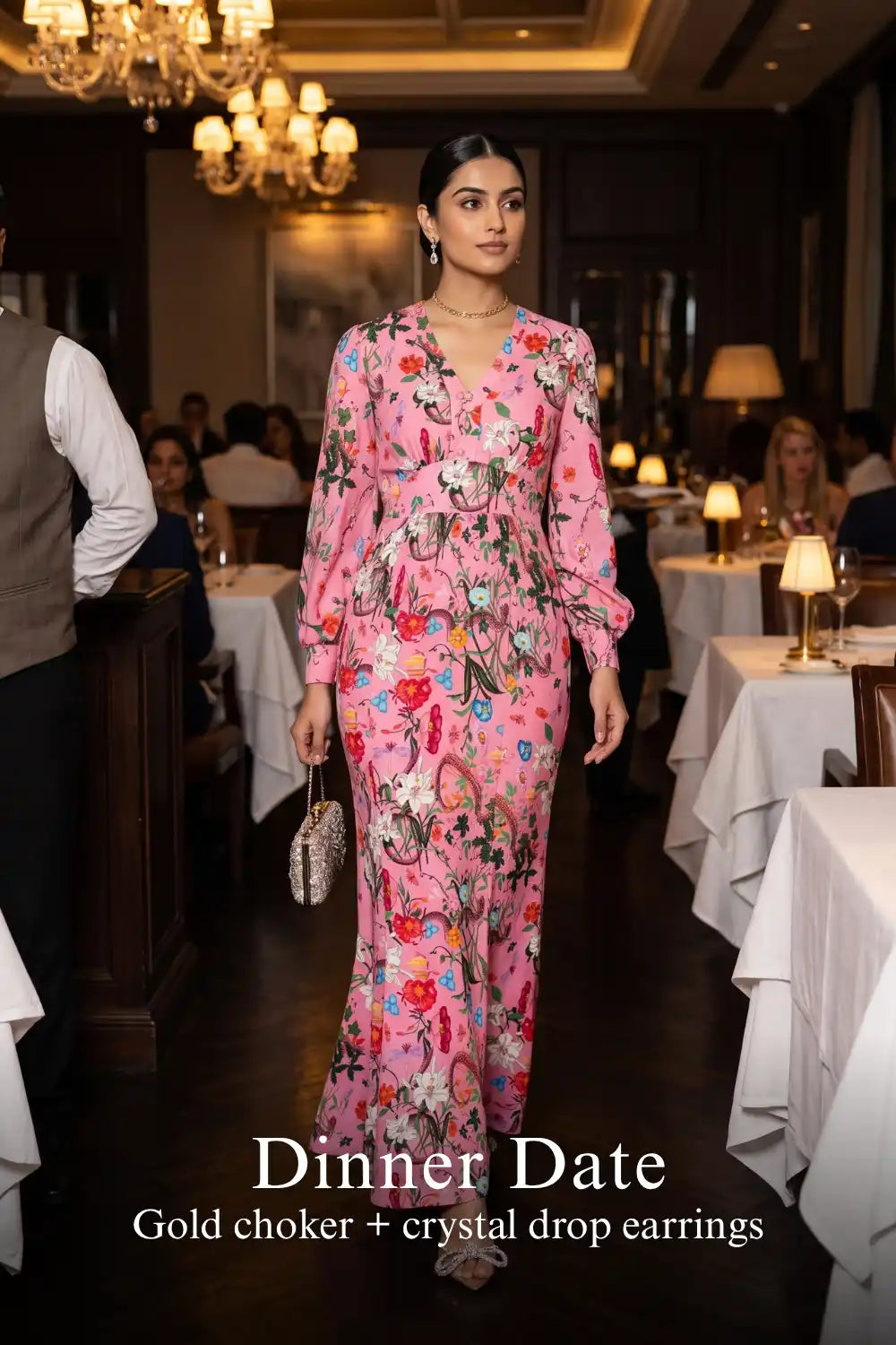 Woman in Pretty Pixie pink floral v-neck long-sleeve maxi dress styled for a dinner date