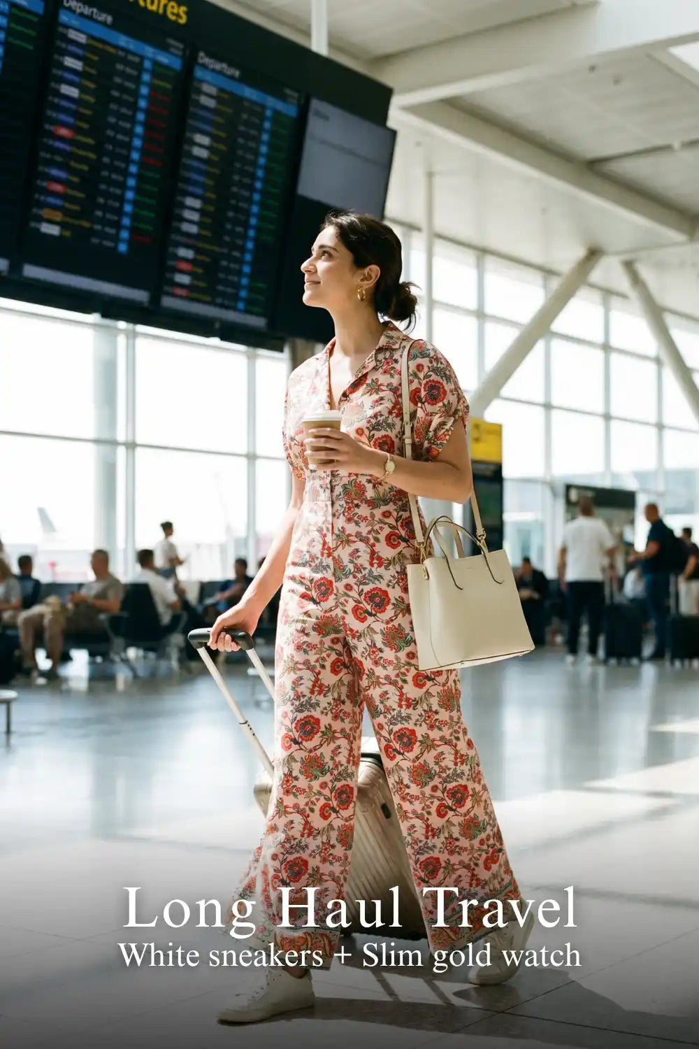 Woman in Pretty Pixie pink floral collared half-sleeve belted wide-leg jumpsuit styled for a travel outfit
