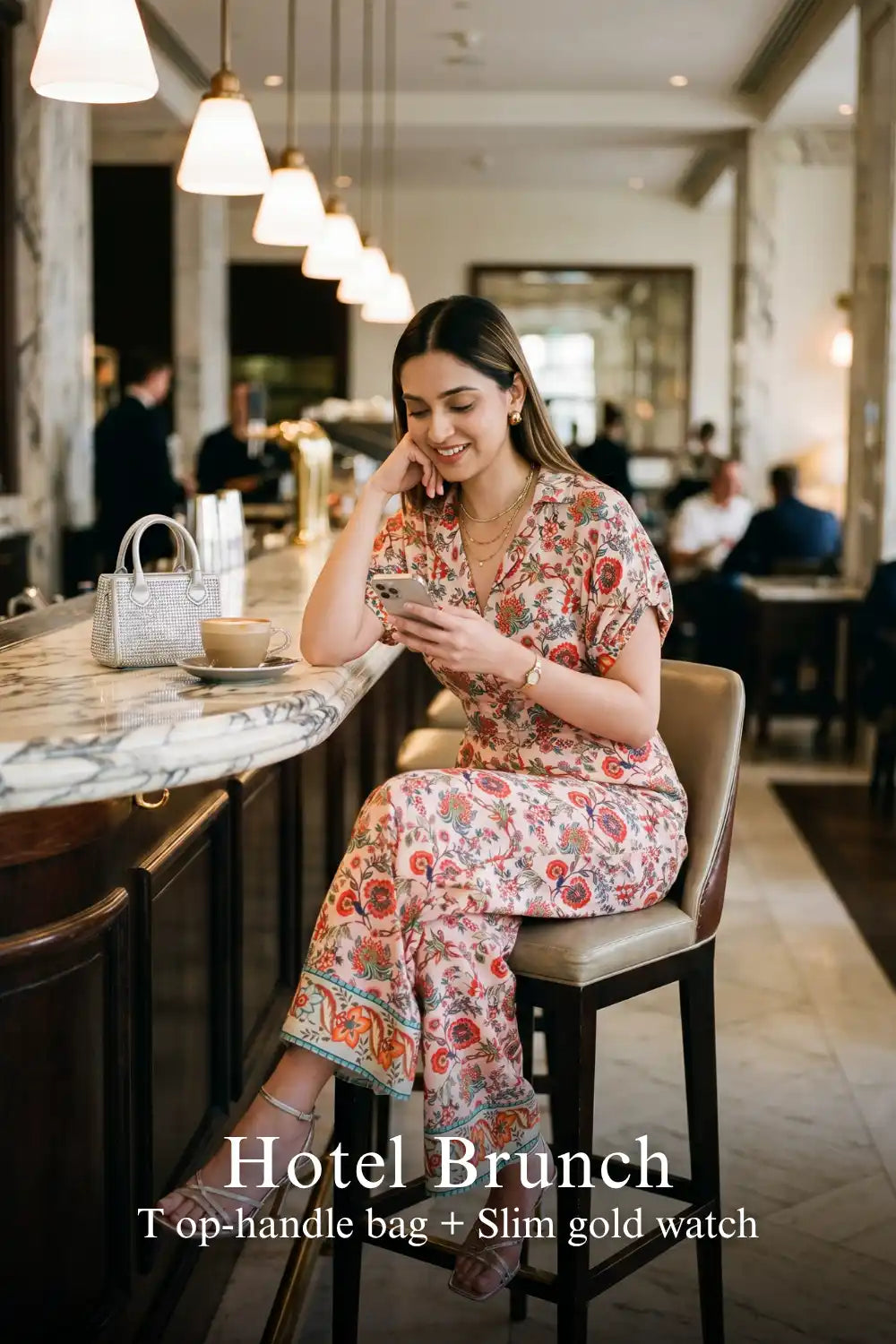 Woman in Pretty Pixie pink floral collared half-sleeve belted wide-leg jumpsuit styled for a hotel brunch