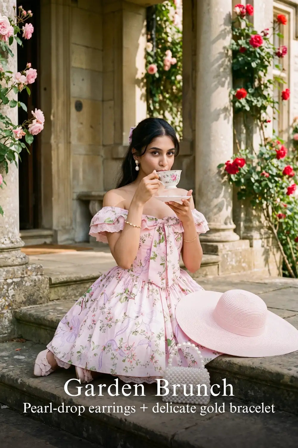 Pretty Pixie pink floral lace-trim off-shoulder mini dress for garden brunch.