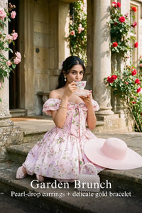 Pretty Pixie pink floral lace-trim off-shoulder mini dress for garden brunch.