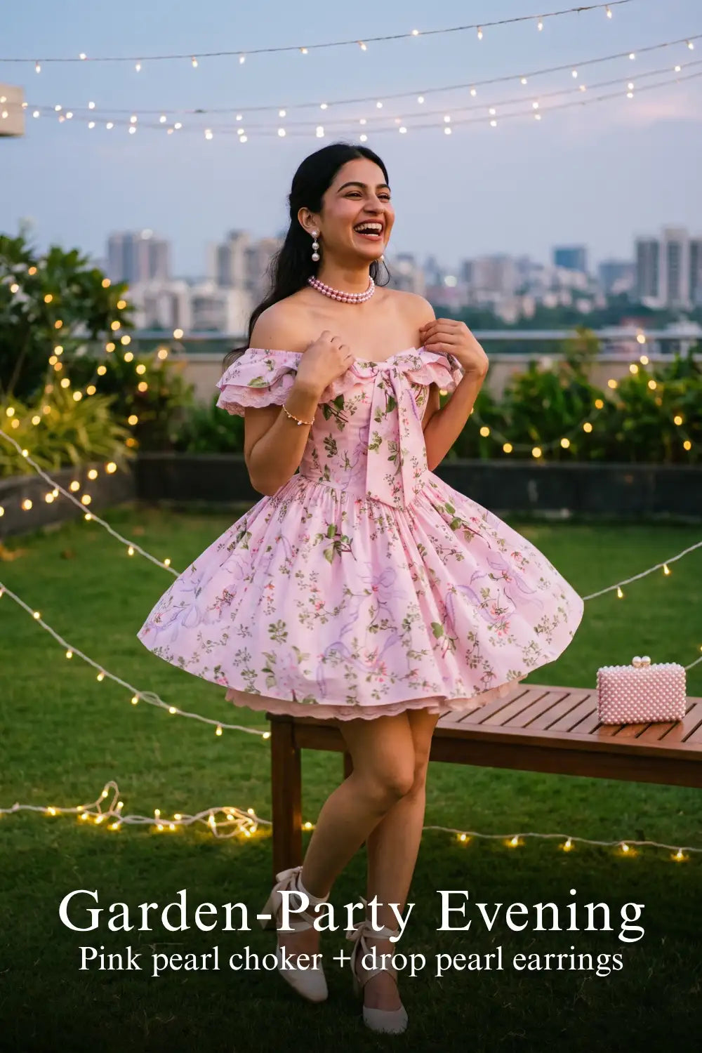 Pretty Pixie pink floral lace-trim off-shoulder dress for garden party evening.