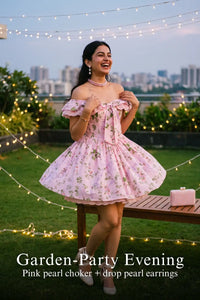 Pretty Pixie pink floral lace-trim off-shoulder dress for garden party evening.