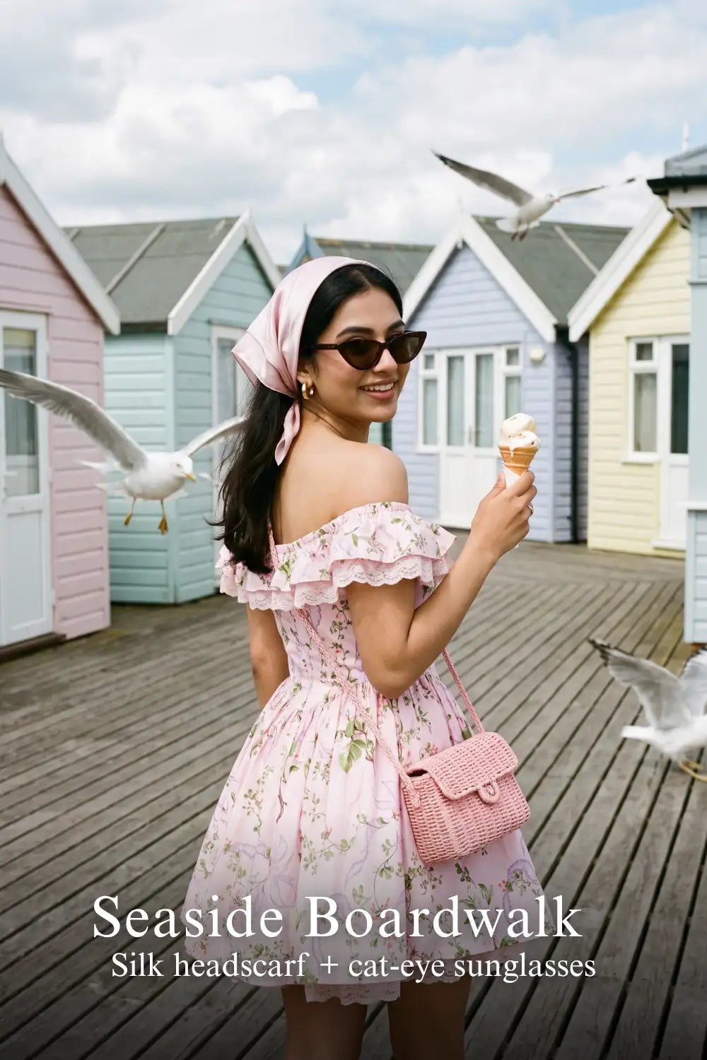 Pretty Pixie pink floral lace-trim off-shoulder dress for seaside boardwalk.