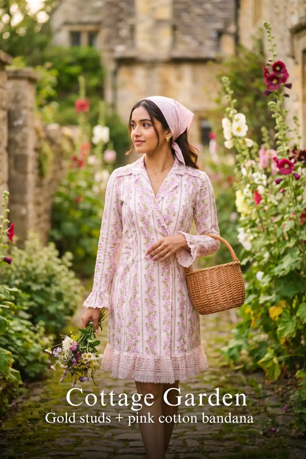 Pretty Pixie pastel pink floral stripe collared dress for cottage garden.