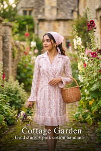 Pretty Pixie pastel pink floral stripe collared dress for cottage garden.
