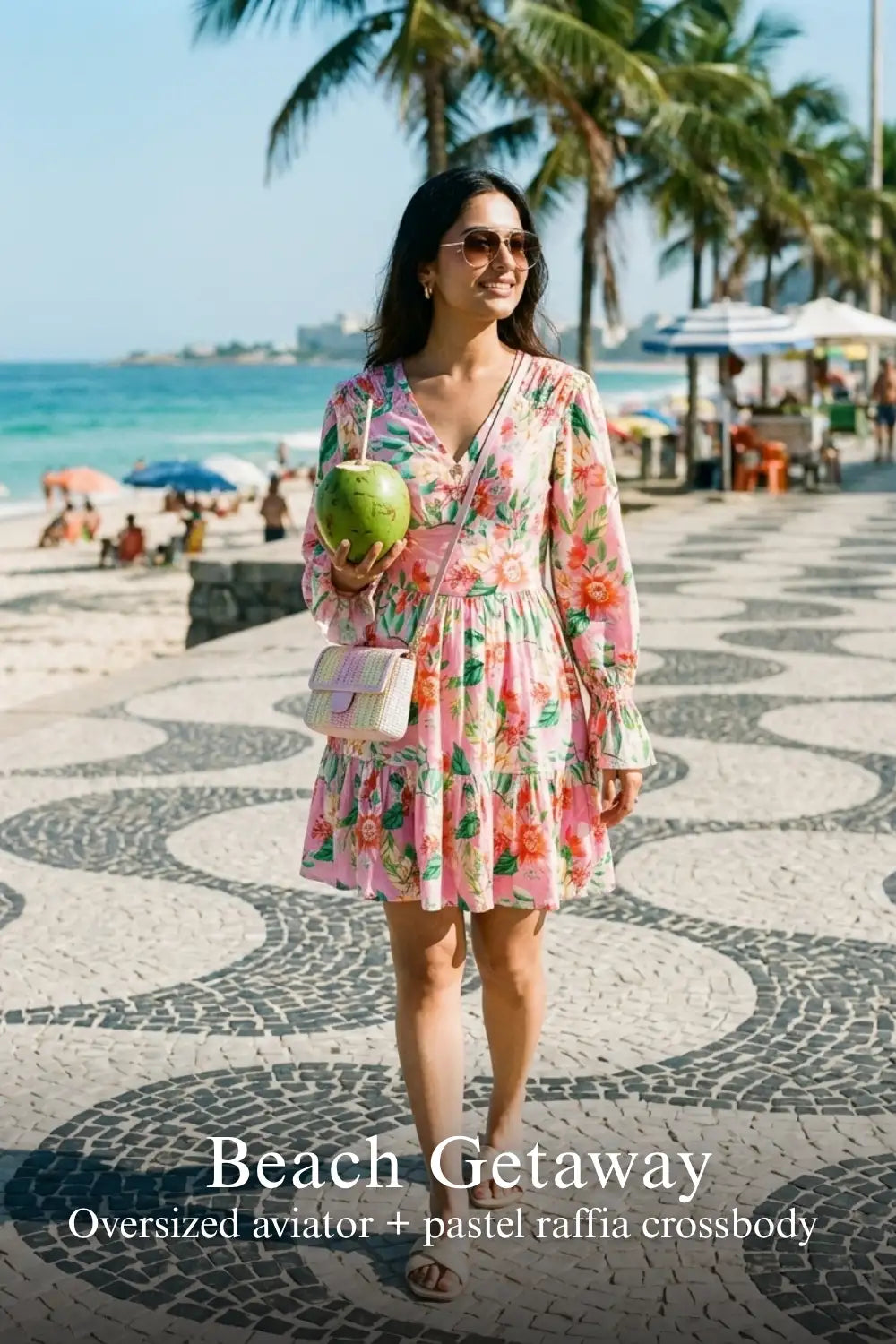 Woman in Pretty Pixie orchid pink floral tiered ruffle long-sleeve mini dress styled for a beach getaway
