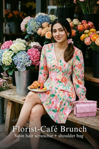 Woman in Pretty Pixie orchid pink floral tiered ruffle long-sleeve mini dress styled for a florist cafe brunch