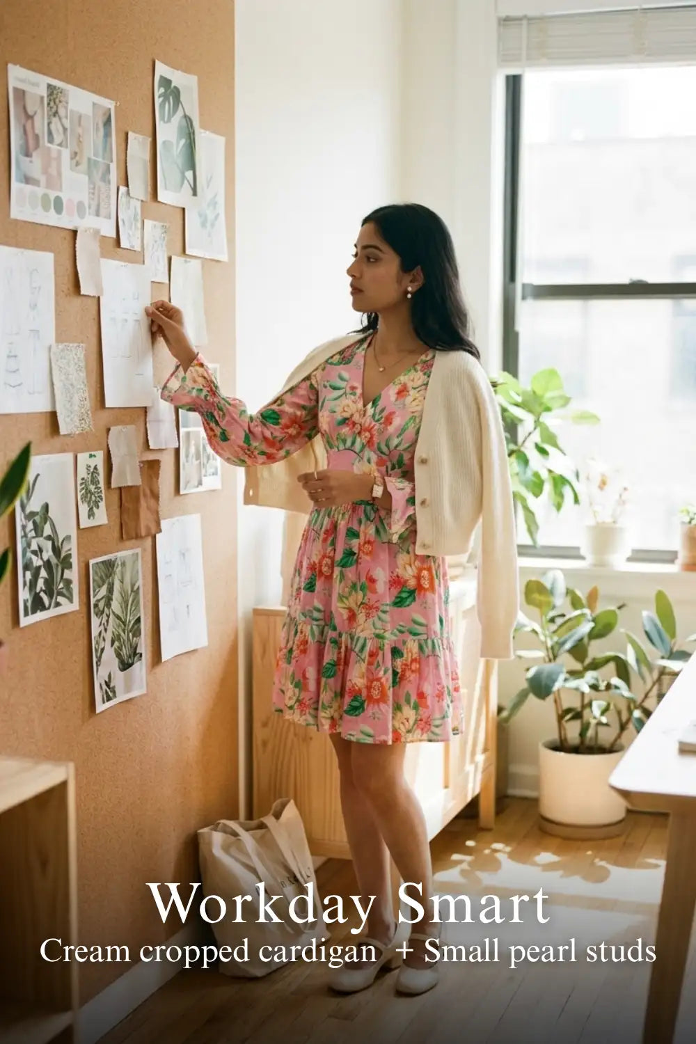 Woman in Pretty Pixie orchid pink floral tiered ruffle long-sleeve mini dress styled for a workday smart